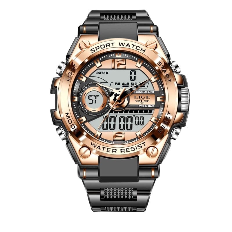 LIGE Digital Men Military Watch 50m Waterproof LED Quartz Clock Sport Chronograph Function Relogios Masculino Black gold 