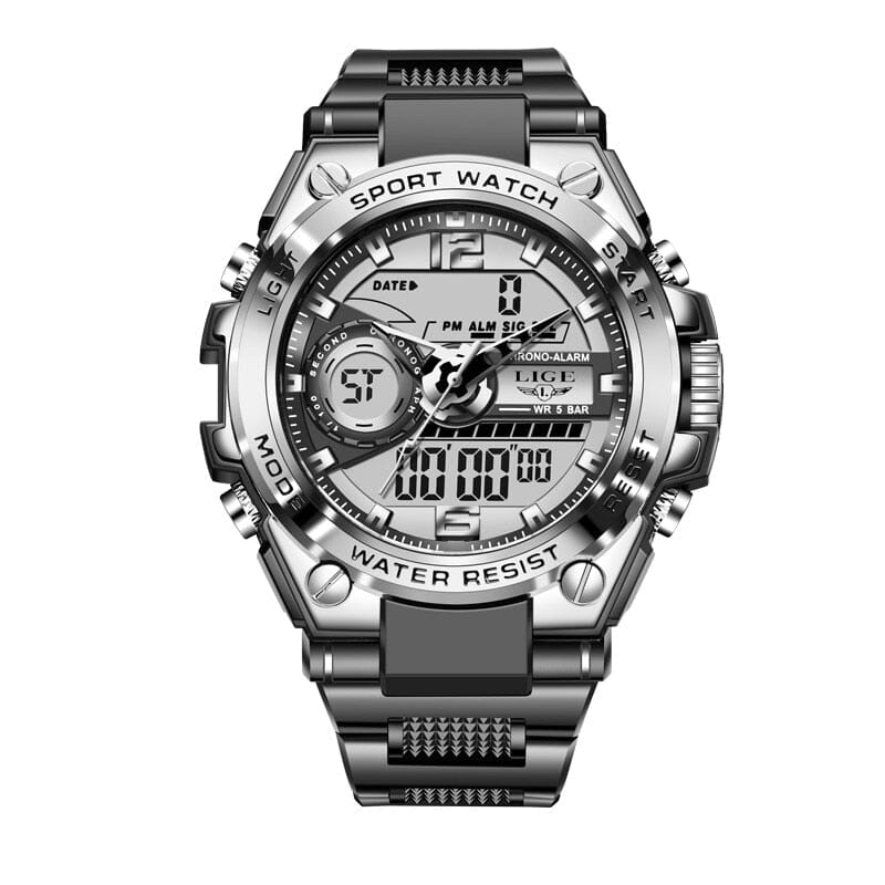 LIGE Digital Men Military Watch 50m Waterproof LED Quartz Clock Sport Chronograph Function Relogios Masculino Silver black 