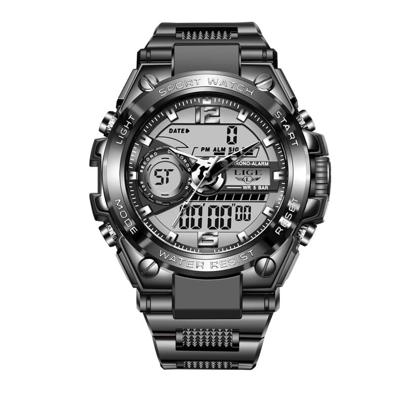 LIGE Digital Men Military Watch 50m Waterproof LED Quartz Clock Sport Chronograph Function Relogios Masculino All black 