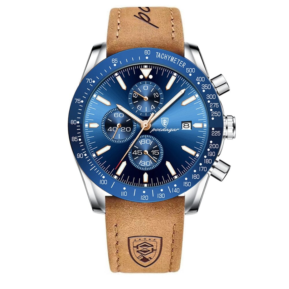 POEDAGAR Luxury Casual Sport Watch - Stay Fashionably on Time with Ease! - Water Resistant, Durable and Chic Mechanical Watches PikNik Silver Blue Leather 