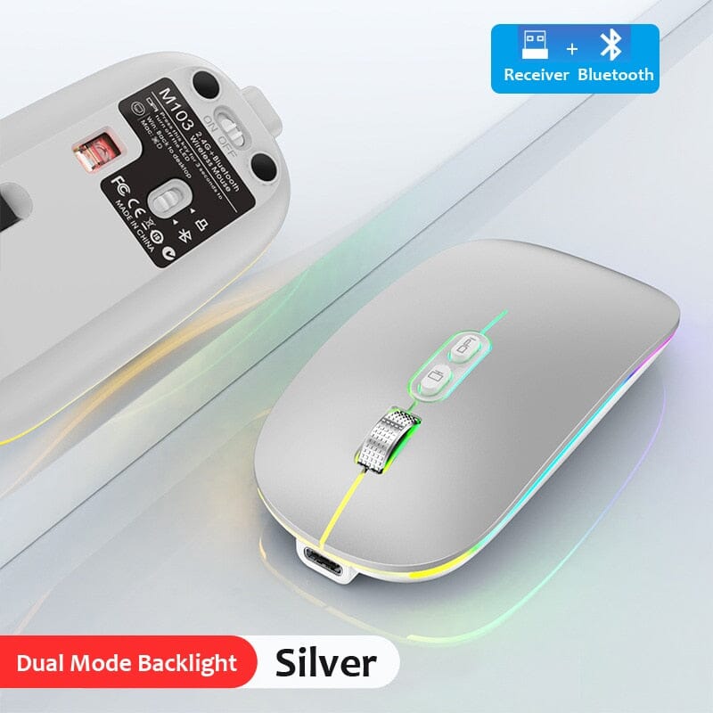 Erilles Dual Mode Bluetooth 2.4G Wireless Mouse - Work and Game with Ultimate Efficiency - Type-C Rechargeable and Ergonomic Design Computer Electronics PikNik Dual Mode Silver 