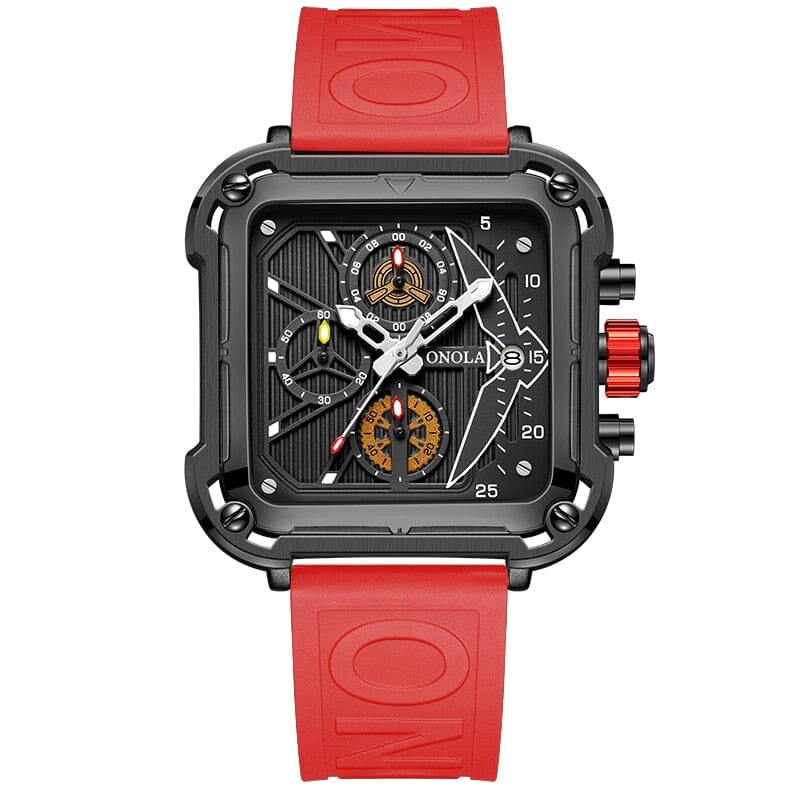 ONOLA Unique Square Design Luxury Quartz Sports Tape Watch for Men - Elevate your style and withstand any environment with this stunning timepiece. Mechanical Watches PikNik ON6831 black red 